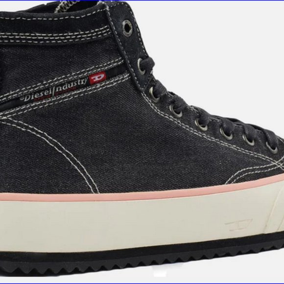 DIESEL S-Principia Mid Lace up Platform Sneakers Denim Canvas Shoes Black Coral - Picture 7 of 11